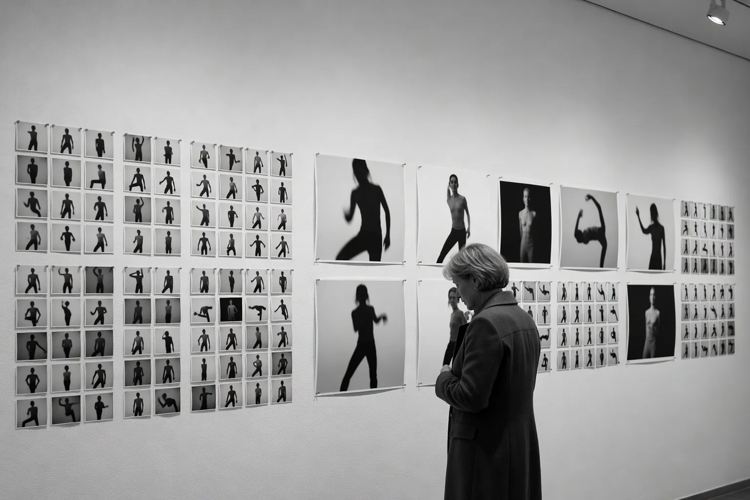 Visiteuse devant des tirages photographiques d'archives d'actions de performance dans une galerie viennoise