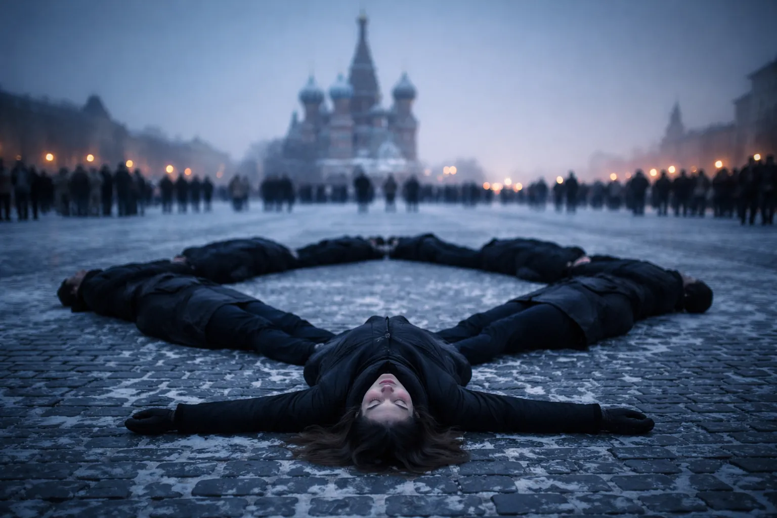 Artistes allongés dans la neige sur une place de Moscou lors d'une action collective au crépuscule