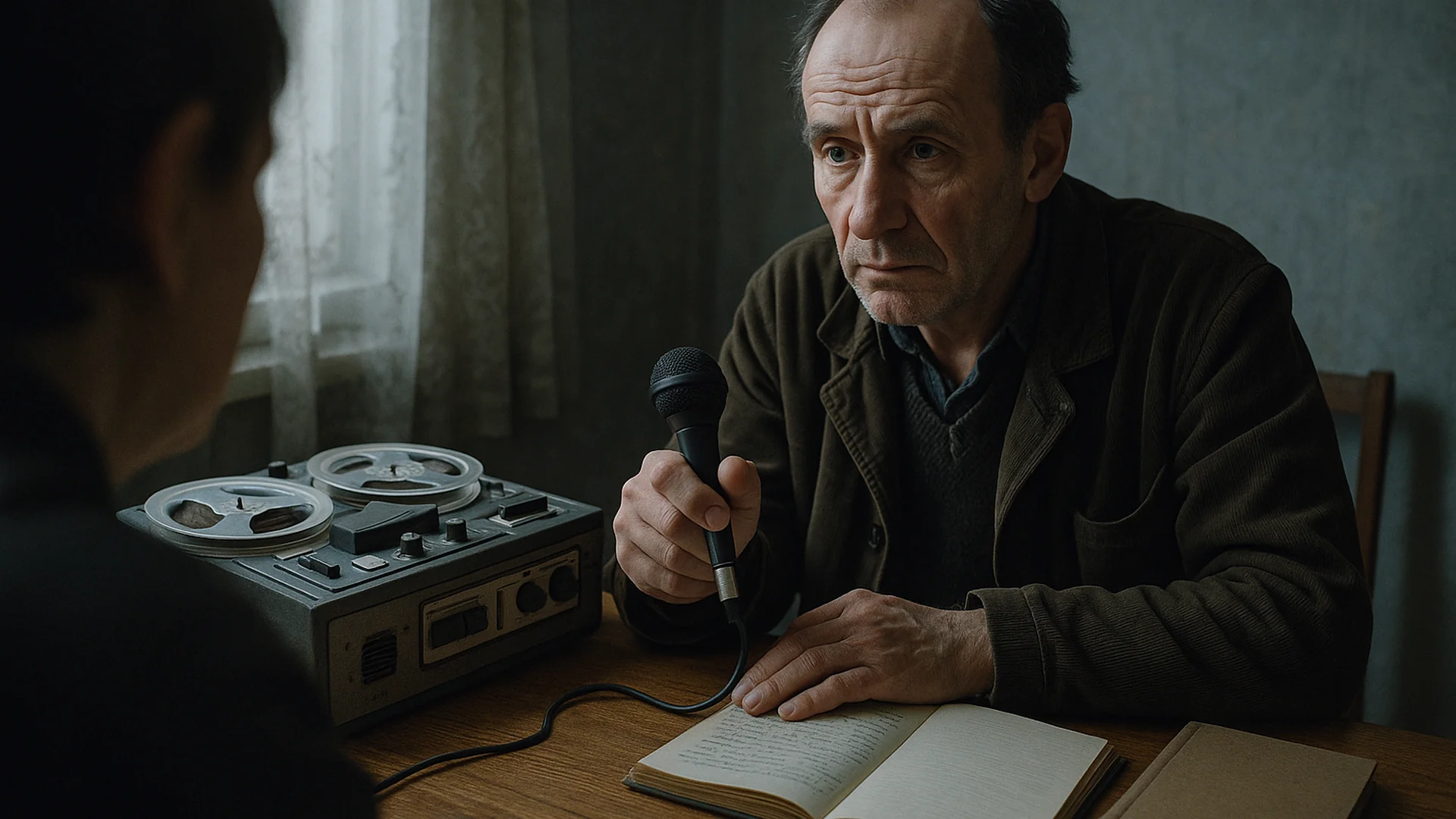 Mains tenant un magnétophone à cassette, carnets et microphones sur une table, archives orales de l'art russe engagé