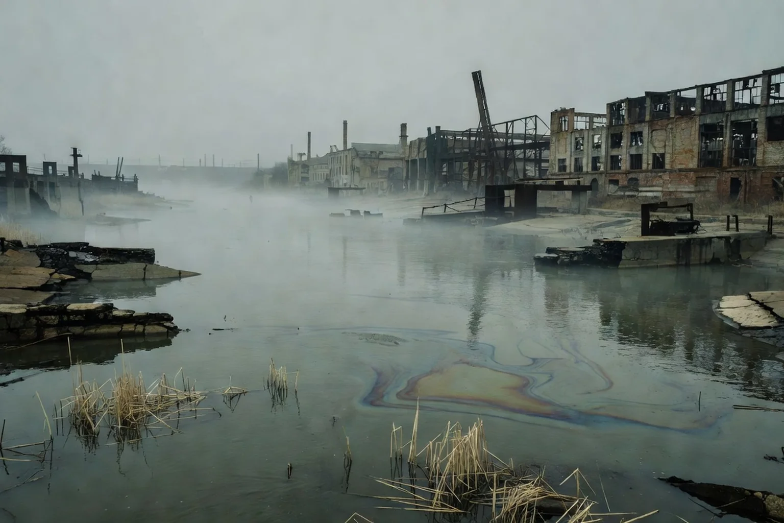 Rivière industrielle polluée aux eaux gris-vert, berges de béton fissuré, usine désaffectée dans la brume et nappes d'hydrocarbures à la surface