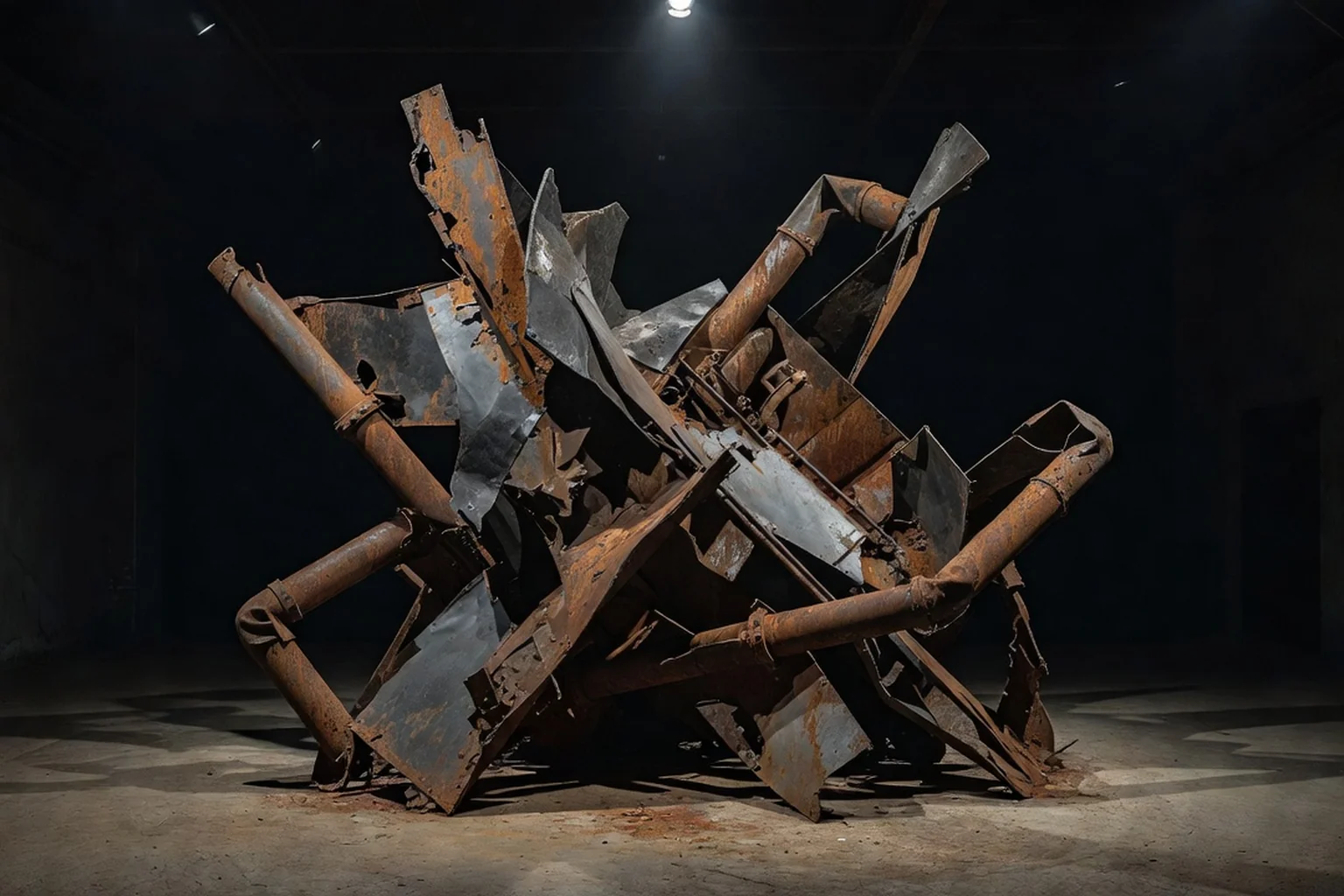 Sculpture contemporaine abstraite en métaux industriels rouillés et tuyaux corrodés, éclairée par un spot unique dans une galerie sombre