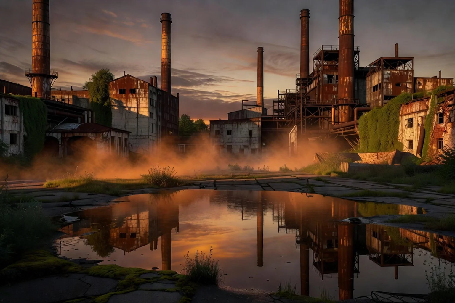 Paysage post-industriel russe au crépuscule : usine abandonnée, cheminées rouillées et brume toxique orange, atmosphère dramatique