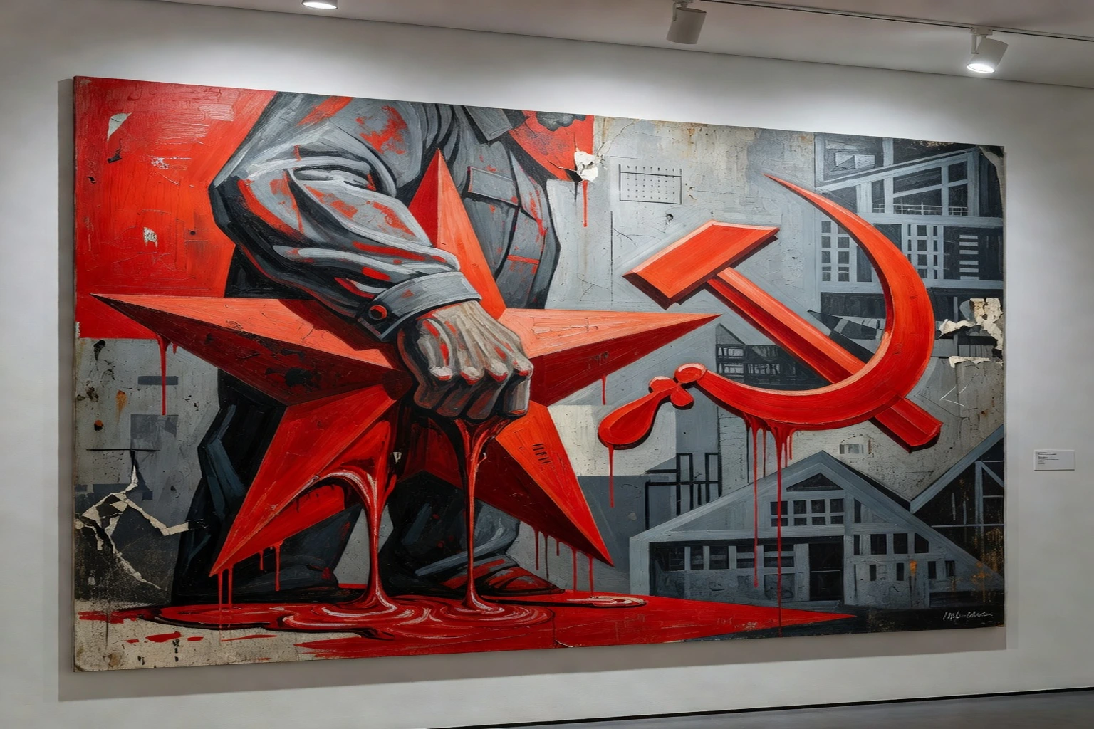 Toile sots-art avec slogans soviétiques détournés et couleurs rouge et or