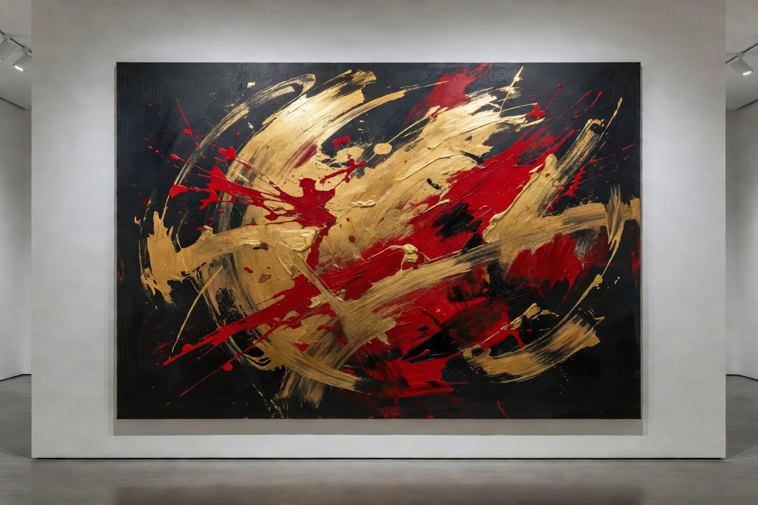 Peinture abstraite contemporaine russe avec coups de pinceau rouges et or sur fond sombre