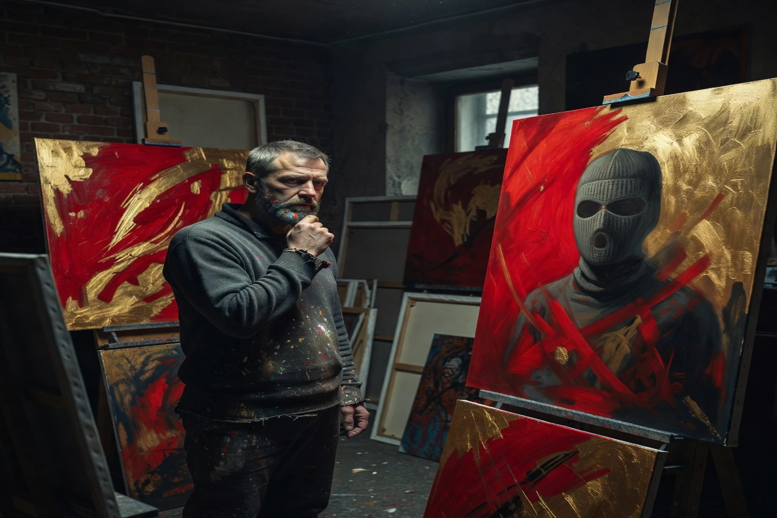 Atelier d'un artiste peintre russe contemporain, toiles et palettes