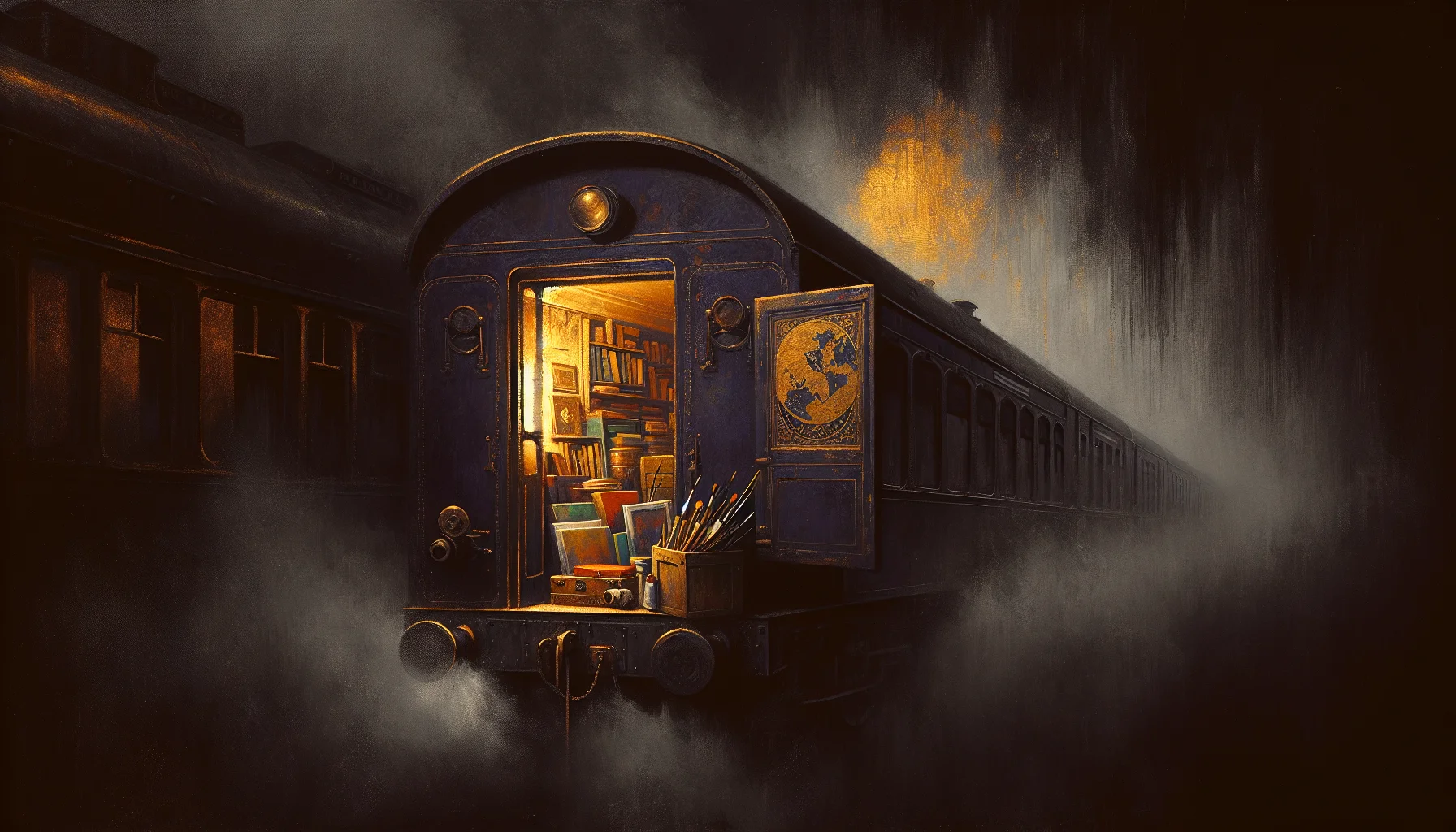 Train s'éloignant dans le brouillard symbolisant l'exil artistique russe