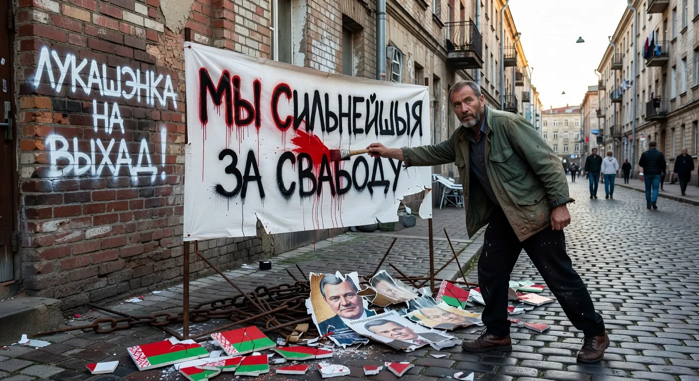 Manifestation artistique pacifique avec drapeau blanc-rouge-blanc biélorusse — symbole de résistance 2020-2026