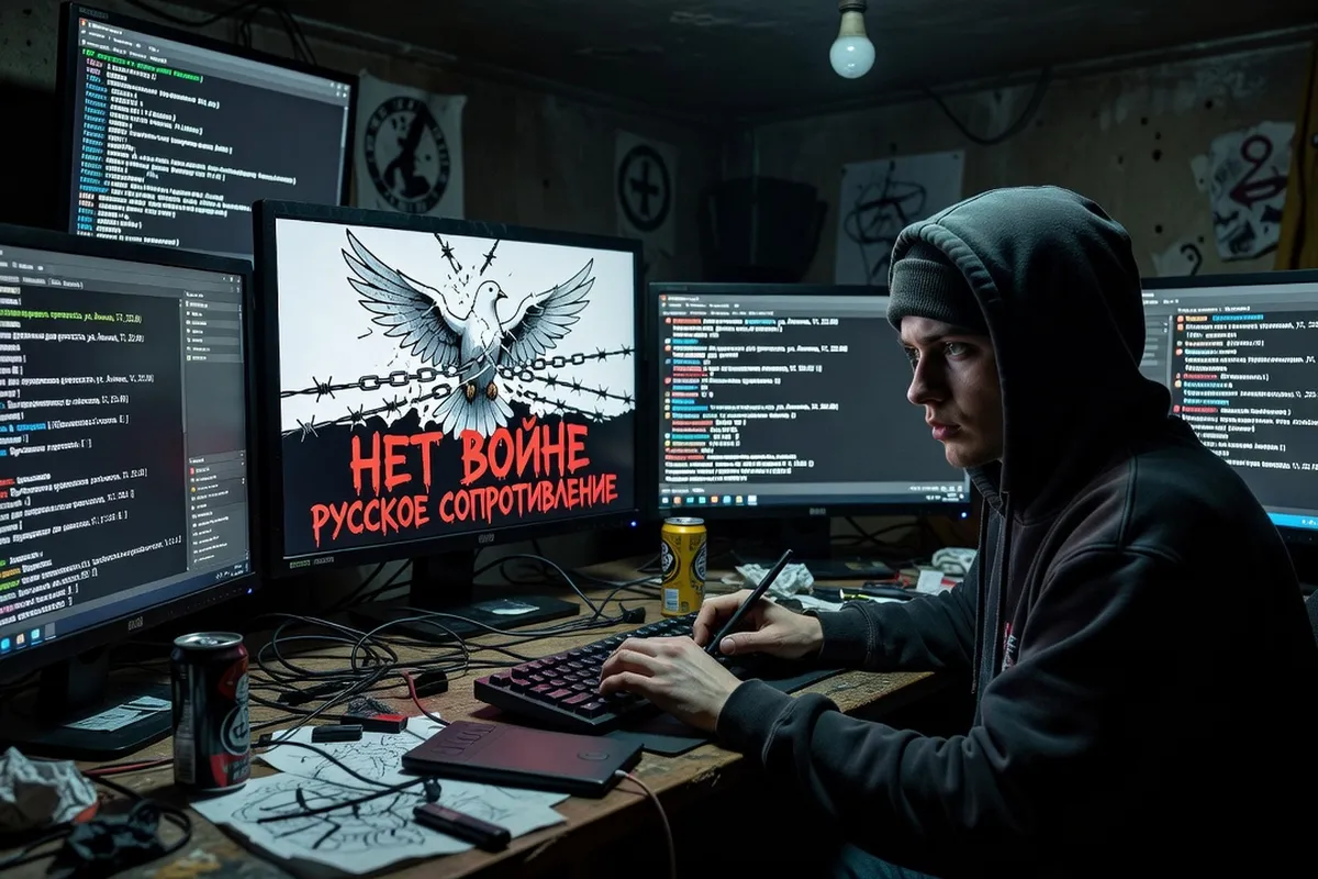 Chercheur au bureau avec plusieurs écrans montrant des sites web russes censurés, ambiance analytique nocturne
