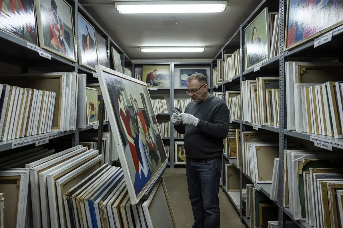 Commissaire d'exposition devant une installation artistique russe au musée d'art contemporain