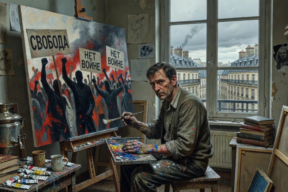 Gros plan d'une toile abstraite avec symbolique politique — rouge sang, noir, étoiles — style contemporain russe