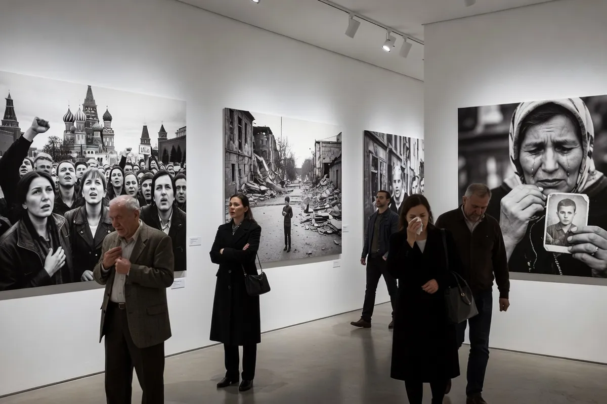 Exposition de photojournalisme russe dans une galerie, grands tirages noir et blanc de manifestants