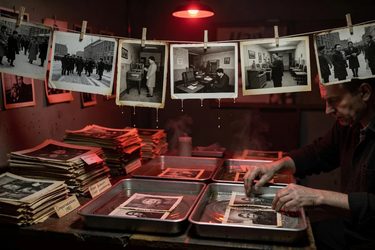 Chambre noire de développement argentique, photographies russes documentaires pendues à des fils