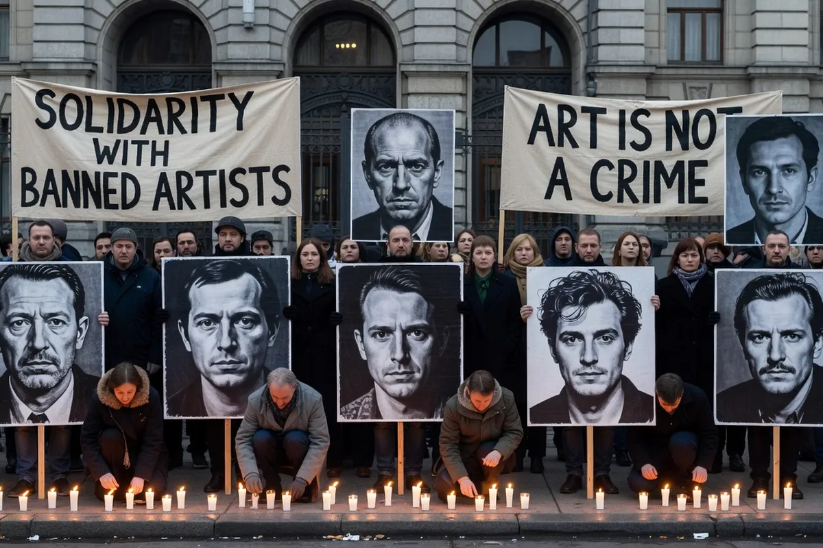 Manifestation de soutien aux artistes russes emprisonnés devant une ambassade