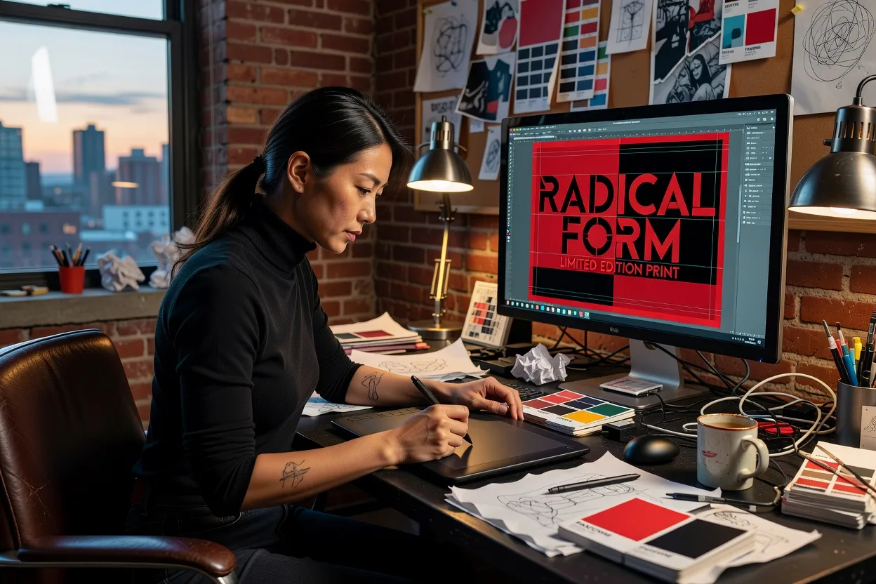 Designer graphique travaillant sur une affiche à l'ordinateur, palette rouge et noire