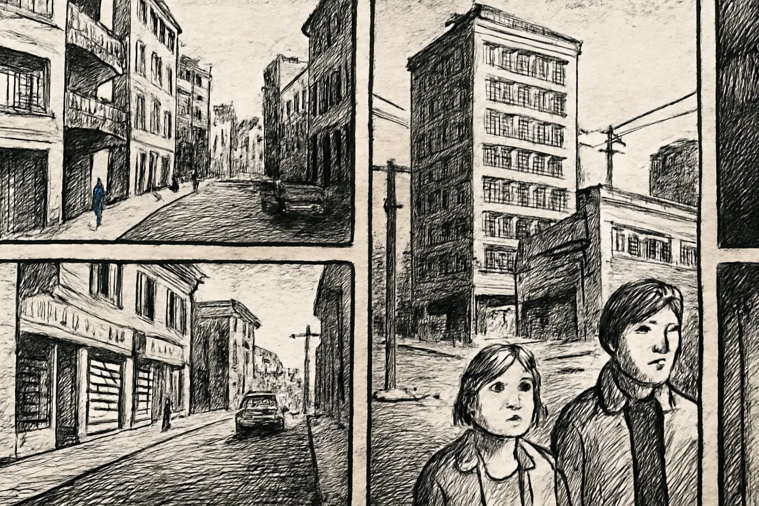 Planches de bande dessinée en noir et blanc représentant une scène urbaine