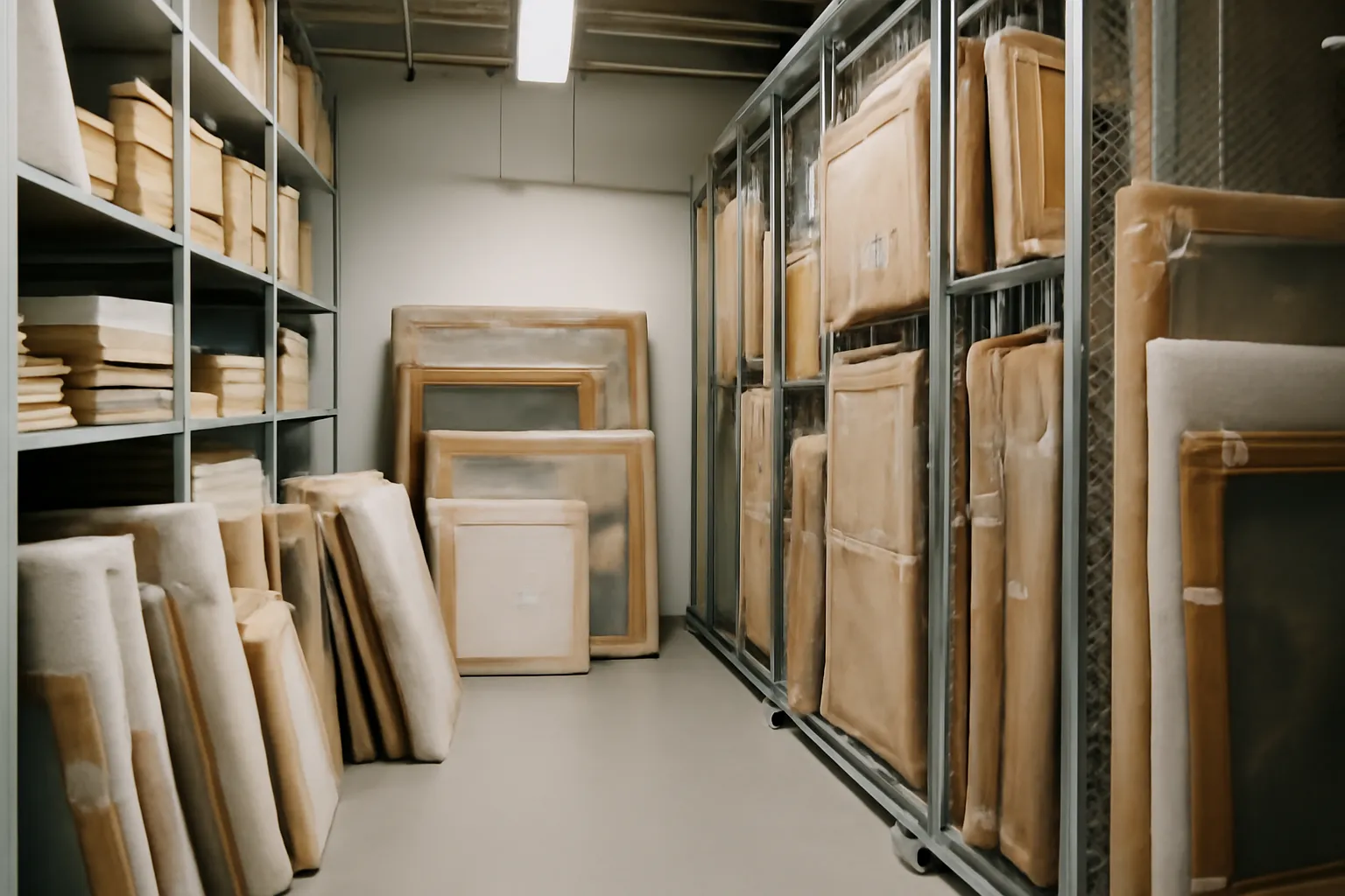 Réserve de musée avec tableaux emballés sur des étagères d'archives