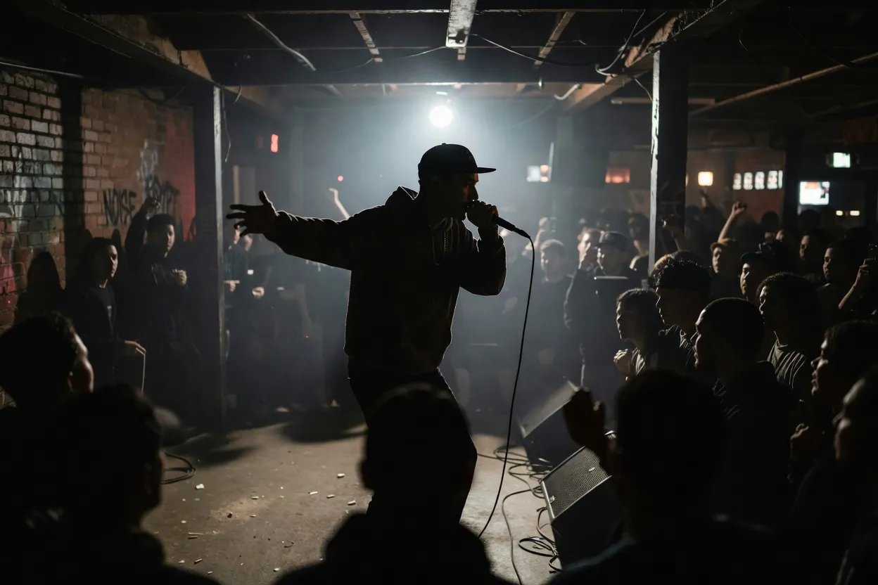 Rappeur en pleine performance dans une salle underground, silhouette à contre-jour