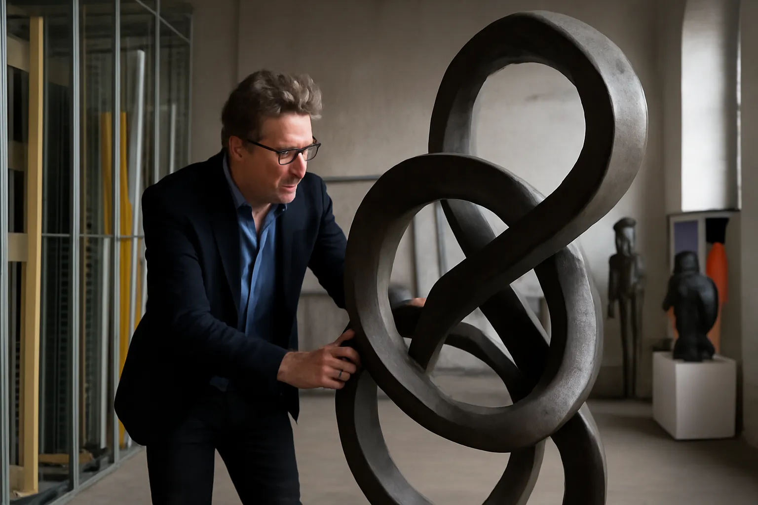 Collectionneur examinant une sculpture dans une réserve de galerie européenne