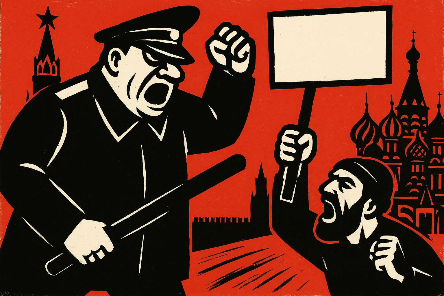 Caricature politique russe montrant un dirigeant aux traits exagérés, symboles orthodoxes détournés en arrière-plan