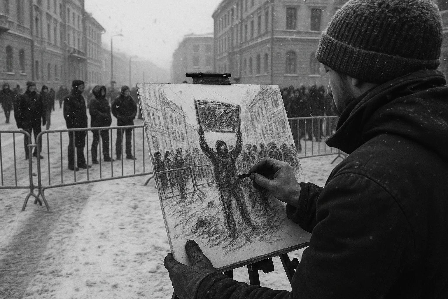 Dessin de tribunal réalisé lors d'un procès politique en Russie, croquis rapide au trait noir