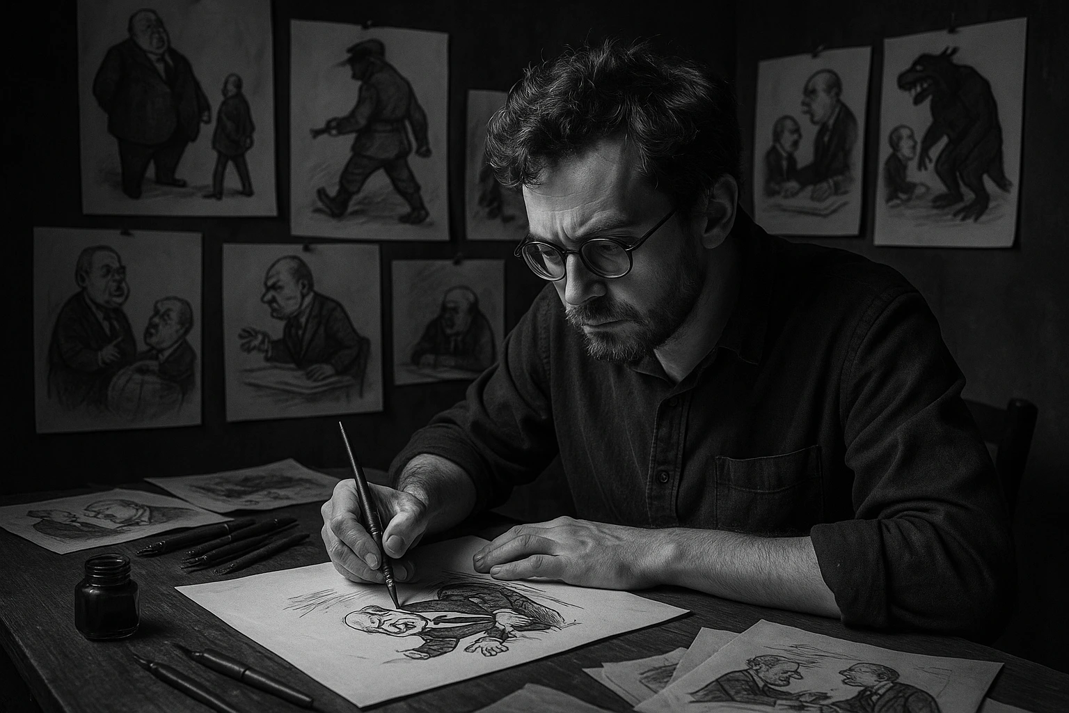 Caricaturiste russe dessinant une satire politique dans un atelier