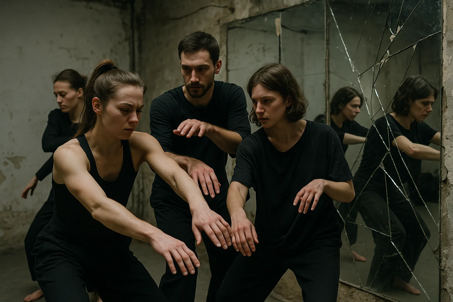 Trois danseurs contemporains russes répètent dans un studio industriel aux murs nus, lumière zénithale