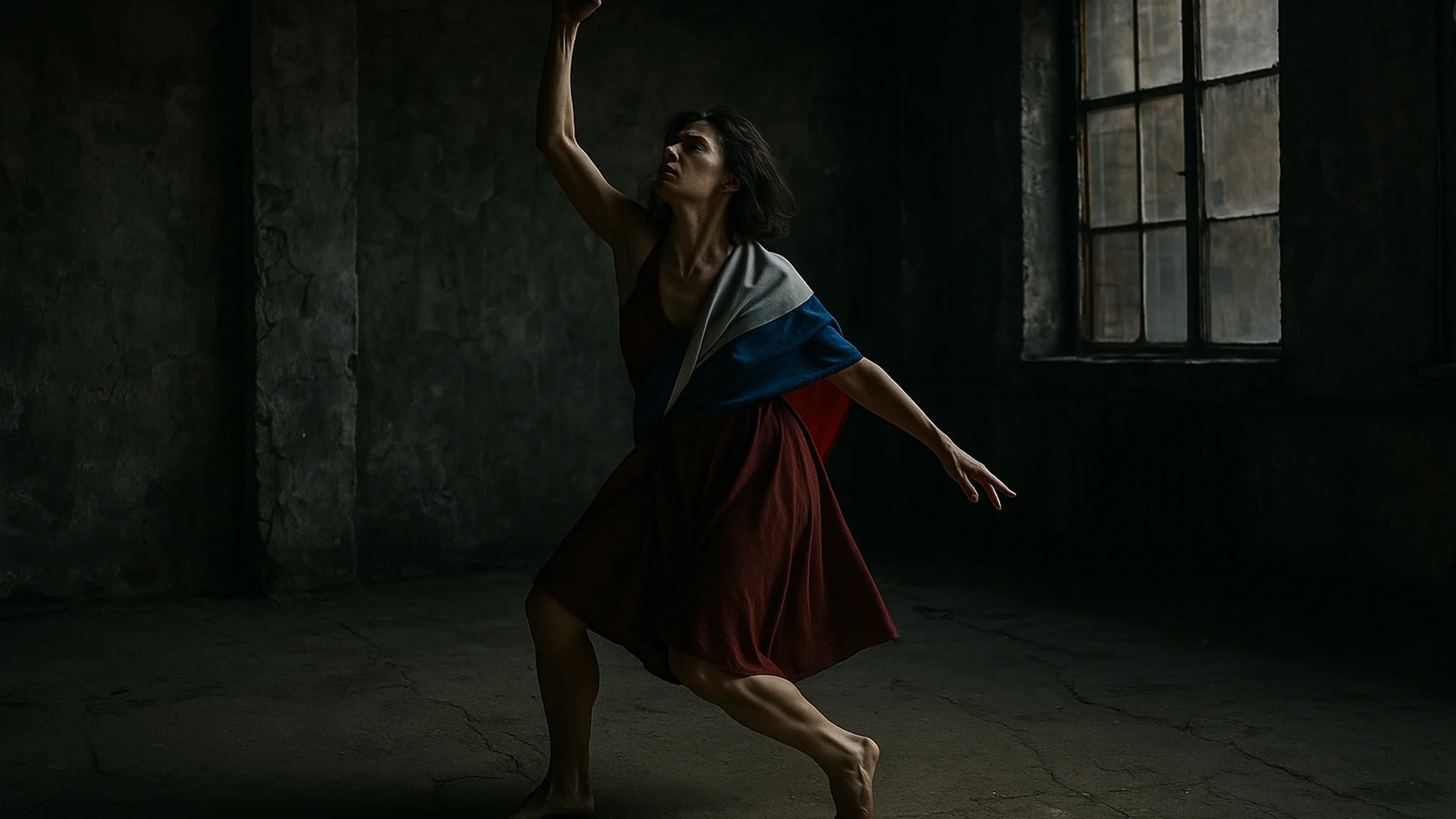 Danseuse contemporaine russe en mouvement expressif dans un studio urbain délabré, lumière dramatique