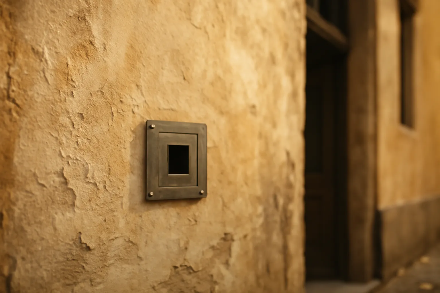 Petite plaque d'acier carrée percée d'une ouverture, fixée sur le mur d'un immeuble ancien, lumière d'automne