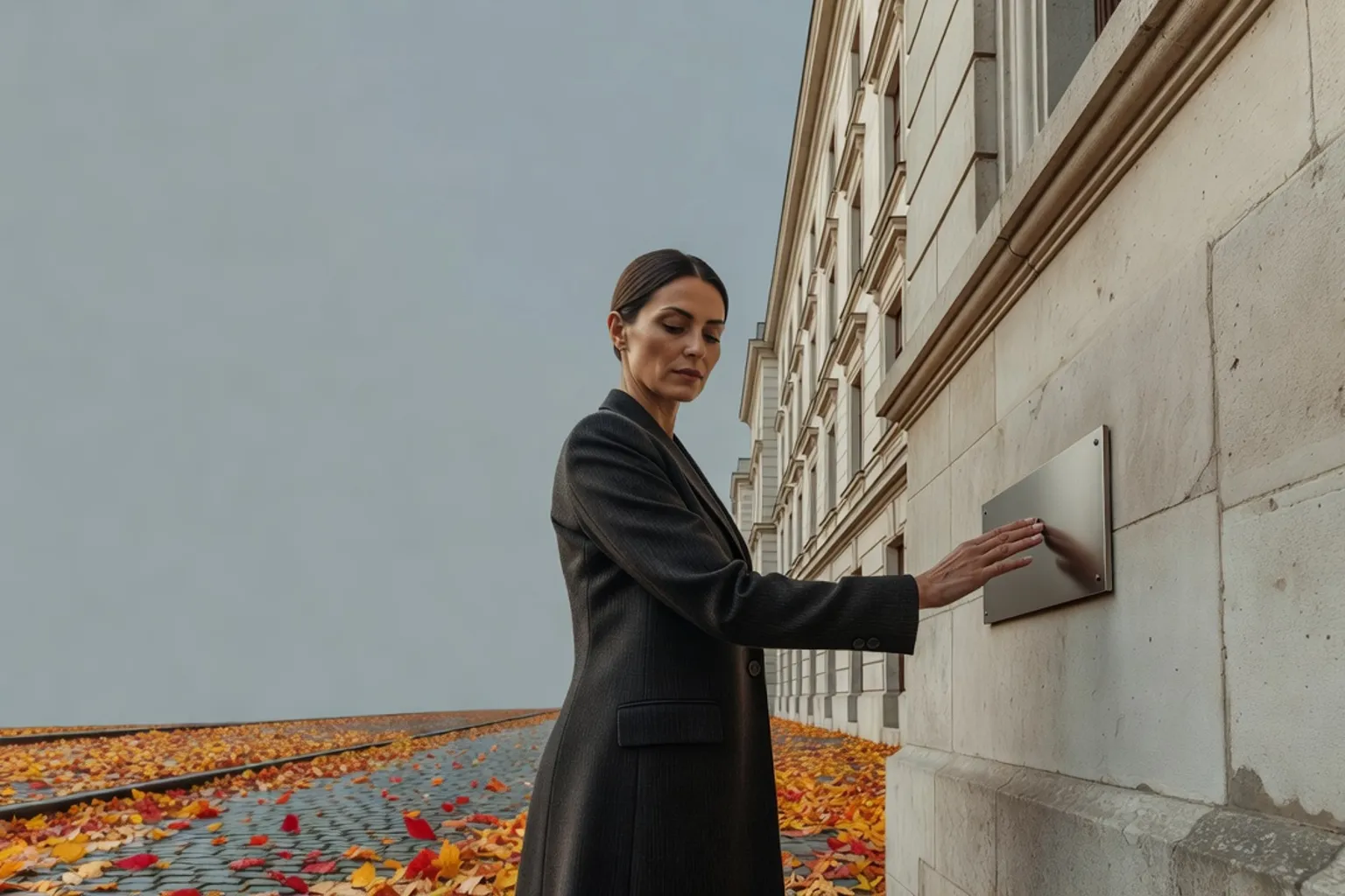 Femme posant une petite plaque métallique rectangulaire sur la façade d'un immeuble ancien de Moscou, lumière douce d'automne