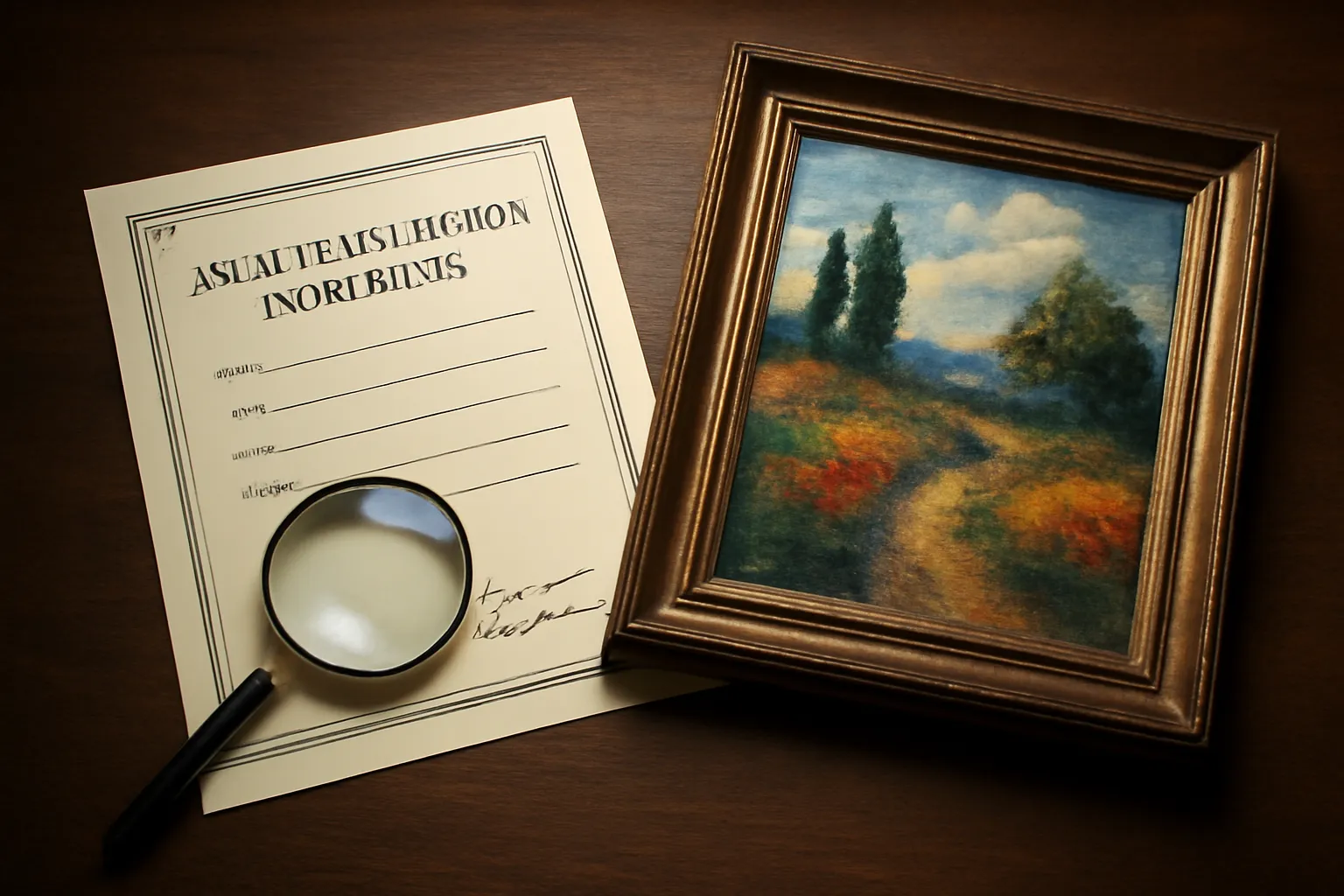 Certificat d'authenticité et loupe posés à côté d'un tableau encadré