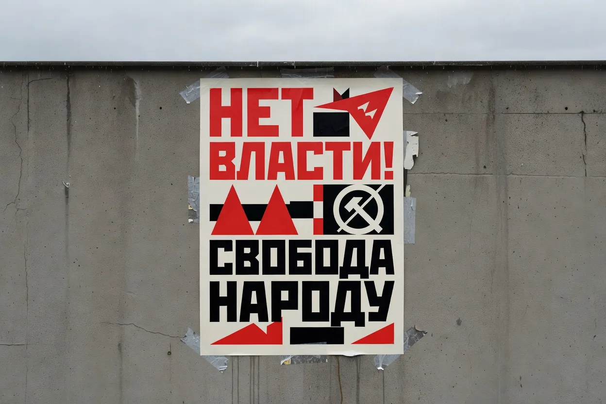 Affiche de protestation constructiviste russe collée sur un mur en béton, typographie rouge et noire en cyrillique