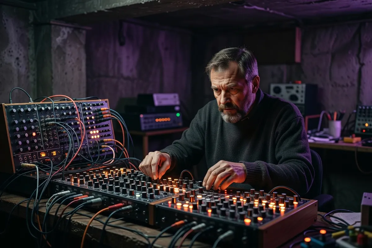 Artiste sonore russe manipulant des synthétiseurs modulaires dans un studio underground, lumière violette