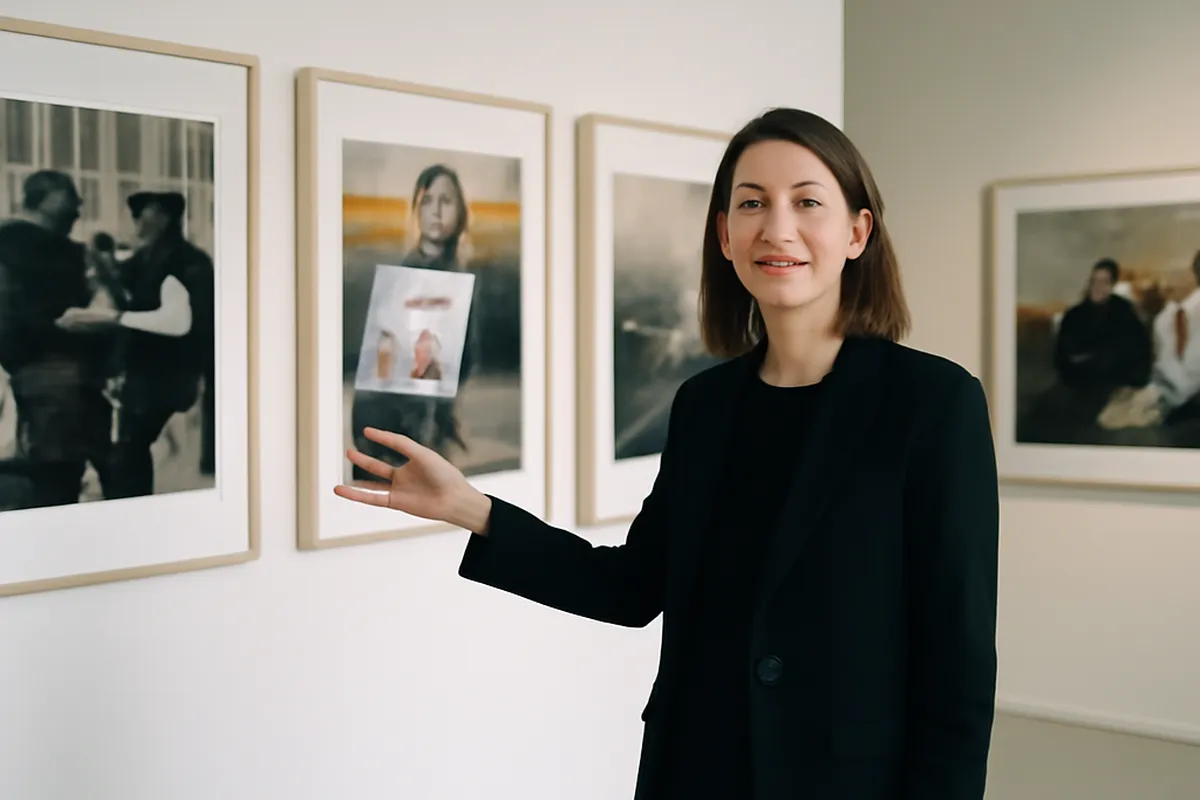 Galeriste dans un espace d'exposition présentant des œuvres d'artistes russes engagés, murs blancs et cadres