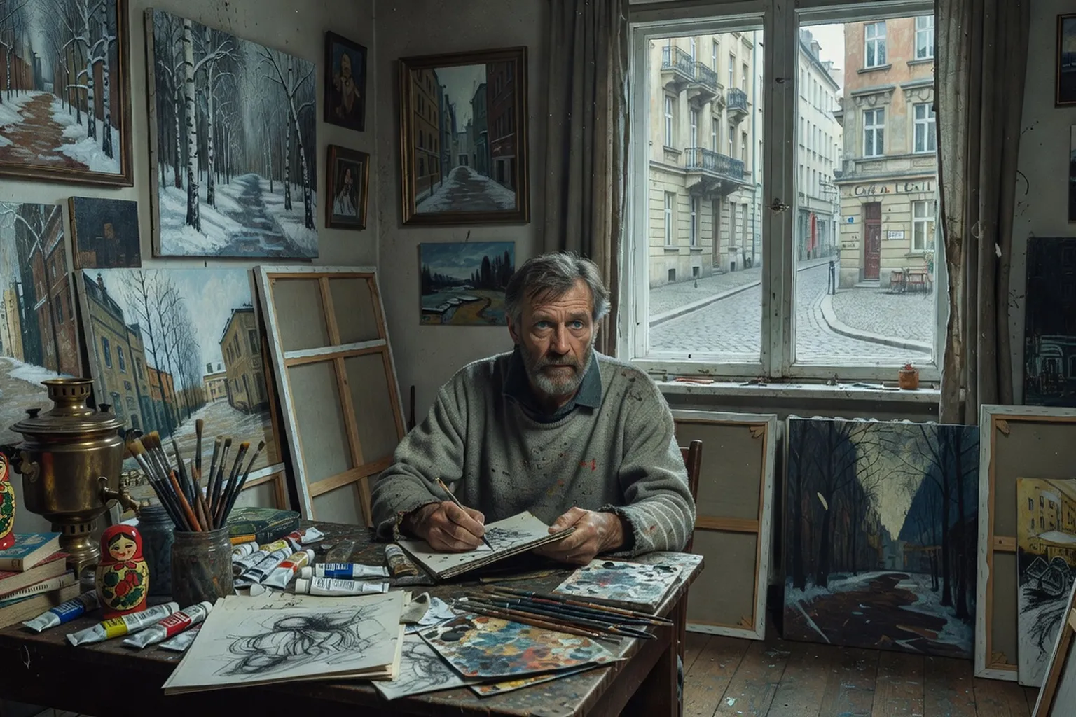 Artiste russe en exil dans un atelier parisien lumineux, toiles colorées, ambiance renaissance créative