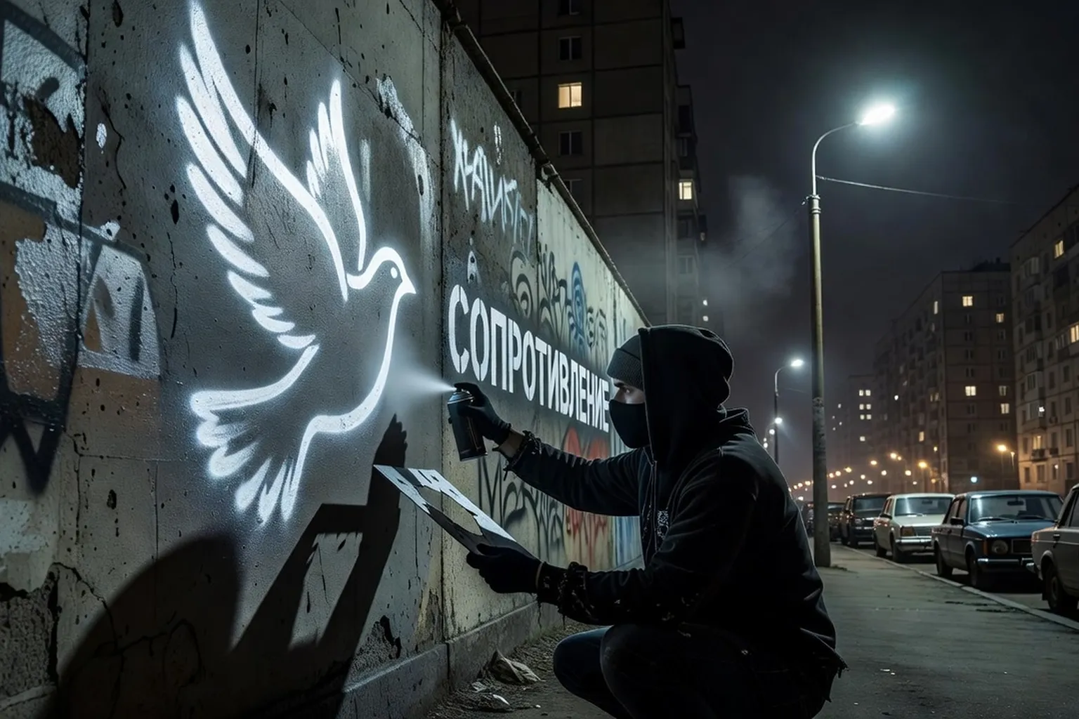 Grande fresque murale anti-guerre peinte à Moscou, artiste au spray, couleurs rouge et bleu