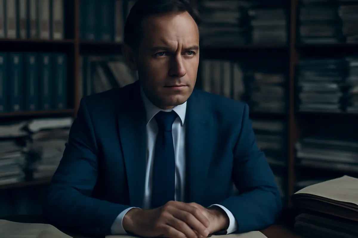 Juriste dans un bureau avec archives et documents sur les droits culturels, ambiance sérieuse