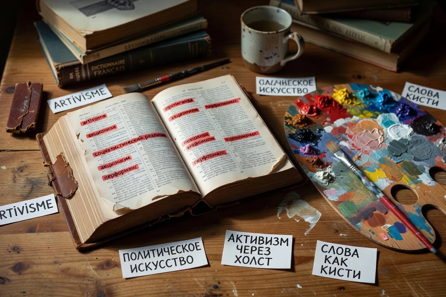 Dictionnaire ouvert avec des termes artistiques russes soulignés en rouge, sur fond de palette de peintre