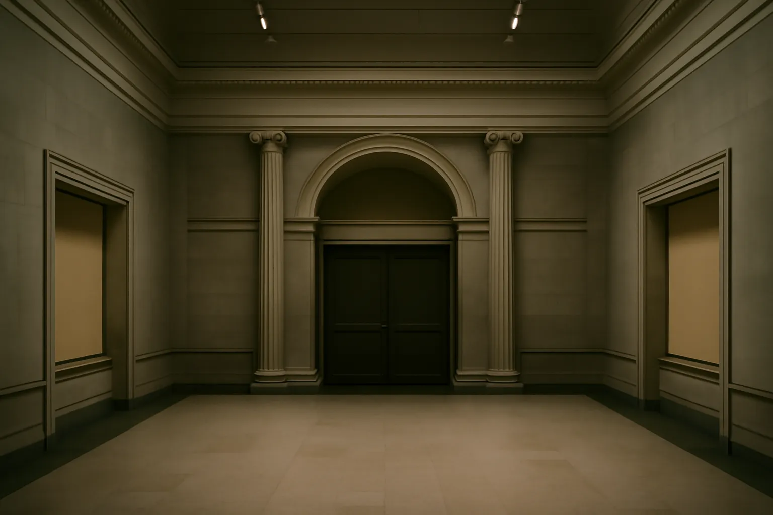 Grande salle de musée vide avec architecture classique, portes fermées