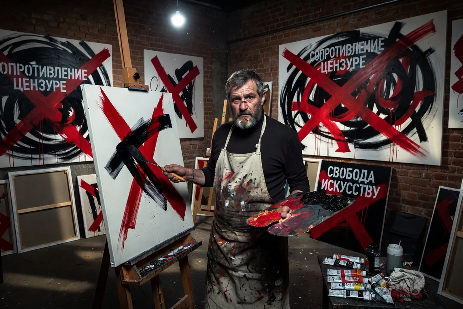 Peintre russe contemporain dans un atelier militant avec des toiles politiques en arrière-plan