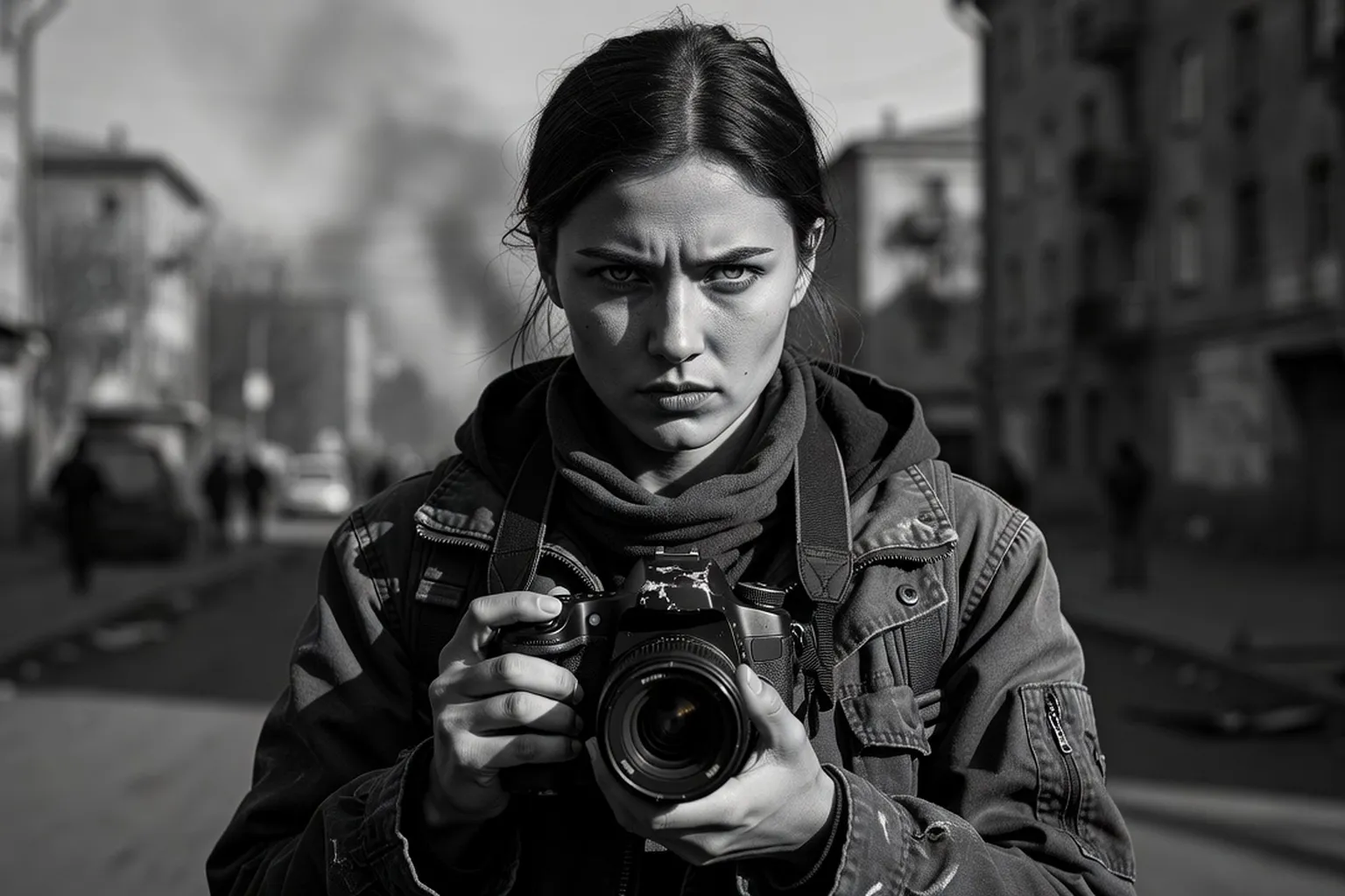 Femme photographe russe en reportage documentaire, appareil reflex pro, regard déterminé