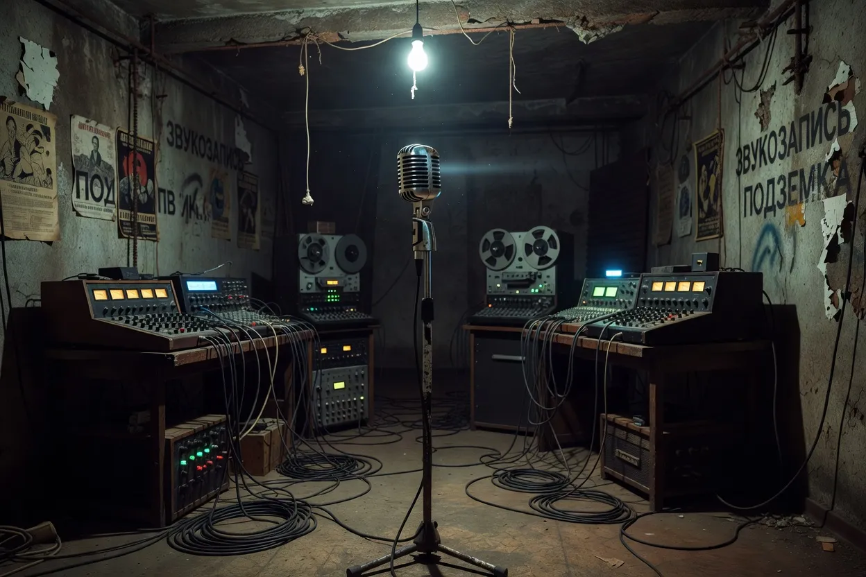 Microphone dans un studio d'enregistrement underground avec affiches murales, ambiance sombre