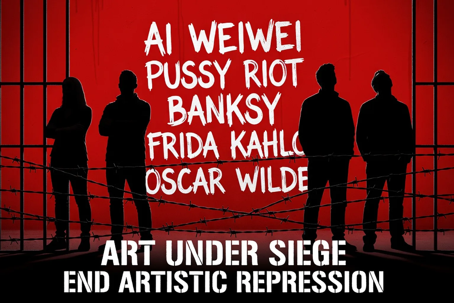 Silhouettes d'artistes russes emprisonnés sur fond rouge sang, style affiche militante