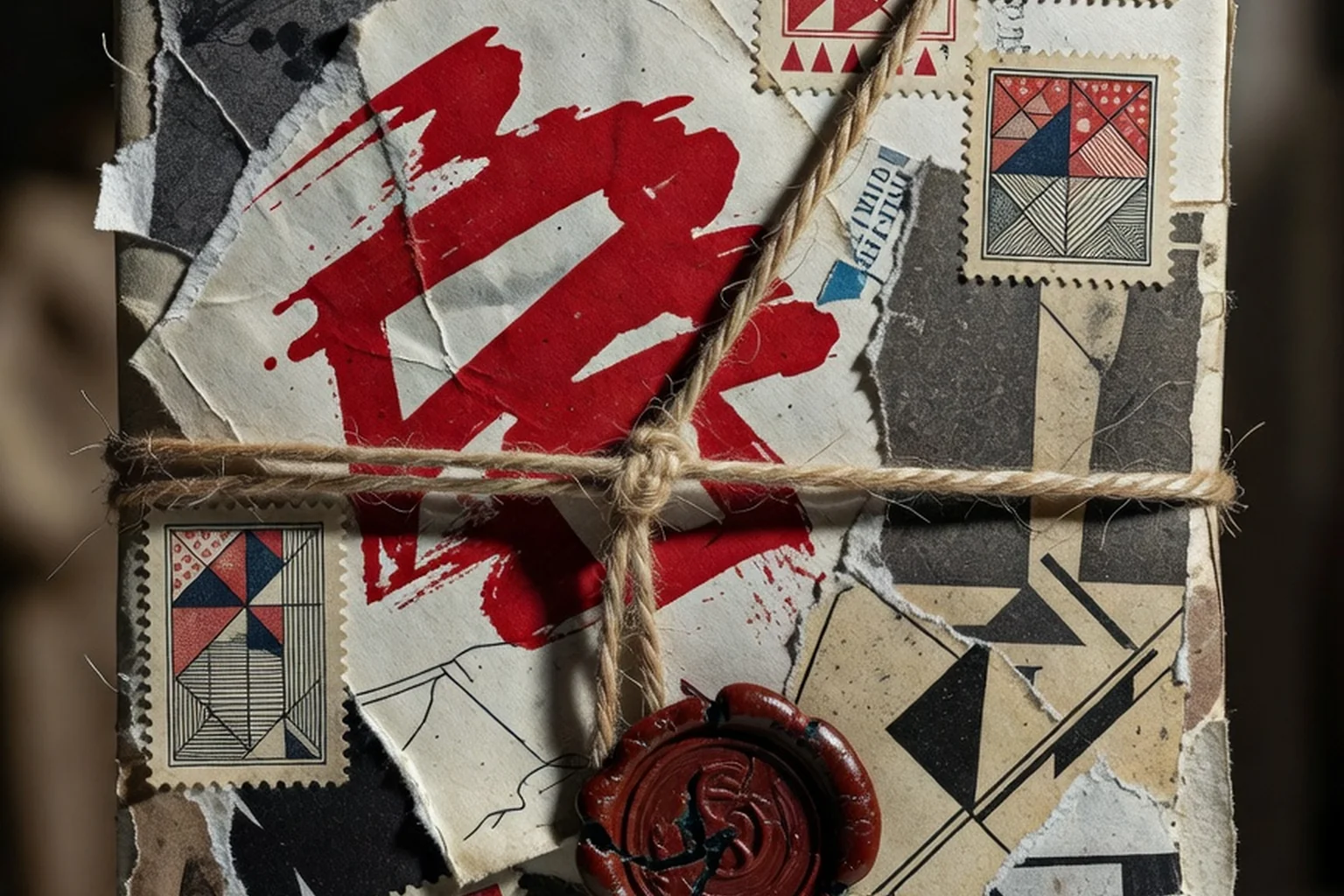 Gros plan sur une enveloppe d'art postal : collage de papiers déchirés, tampon d'encre rouge abstrait, timbres aux motifs géométriques et cachet de cire