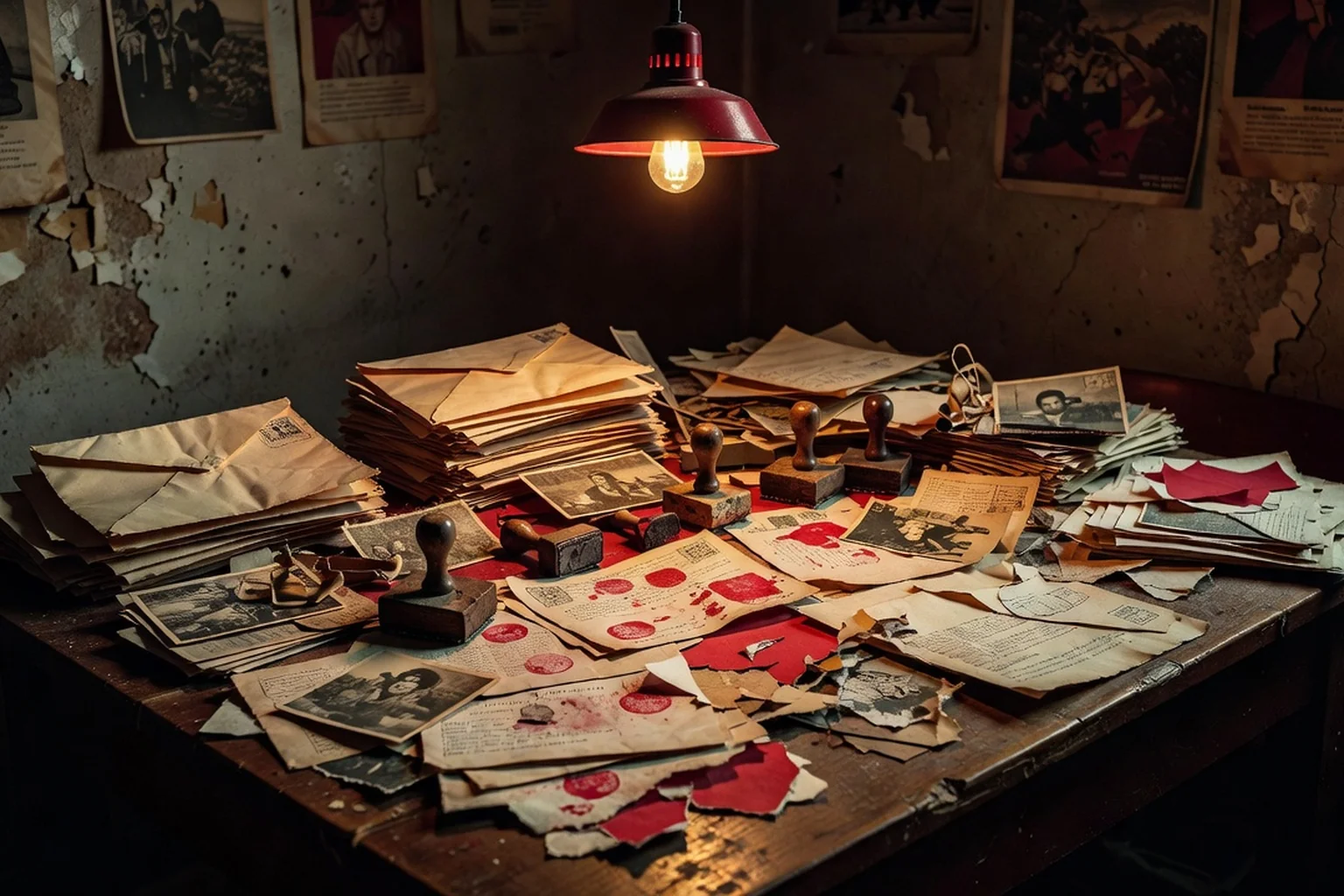 Enveloppes et cartes postales artistiques éparpillées sur une table de travail, collages et tampons rouges, ambiance d'atelier clandestin