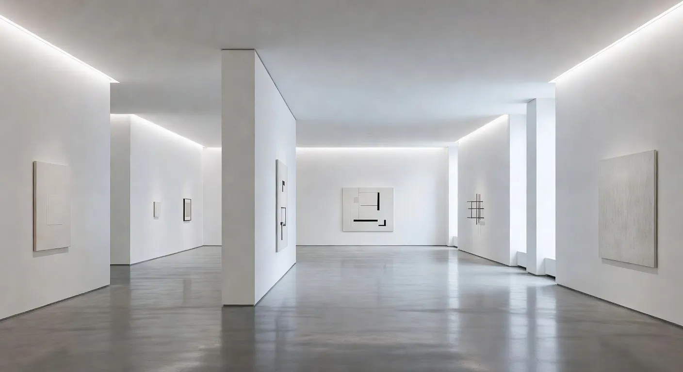 Intérieur d'une galerie d'art contemporain russe blanche et minimaliste