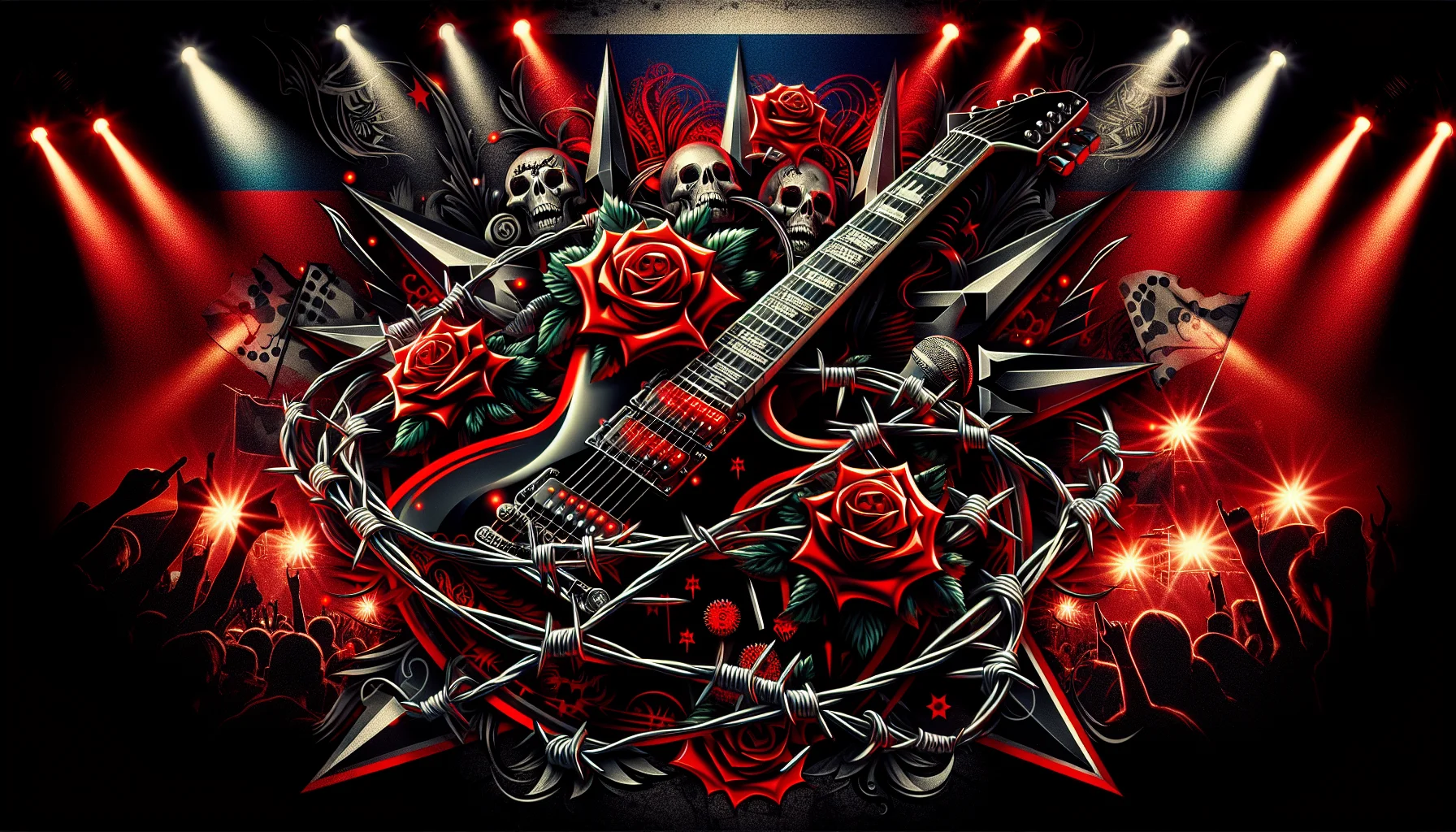 Guitare électrique enveloppée de fil barbelé symbolisant la musique contestataire russe