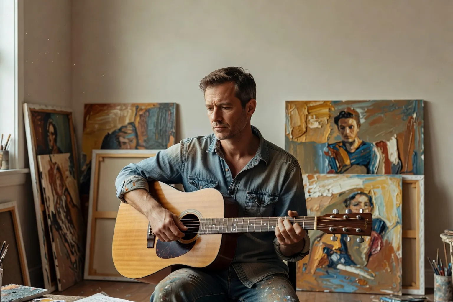 Artiste et musicien dans son atelier, guitare sur les genoux, toiles appuyées au mur