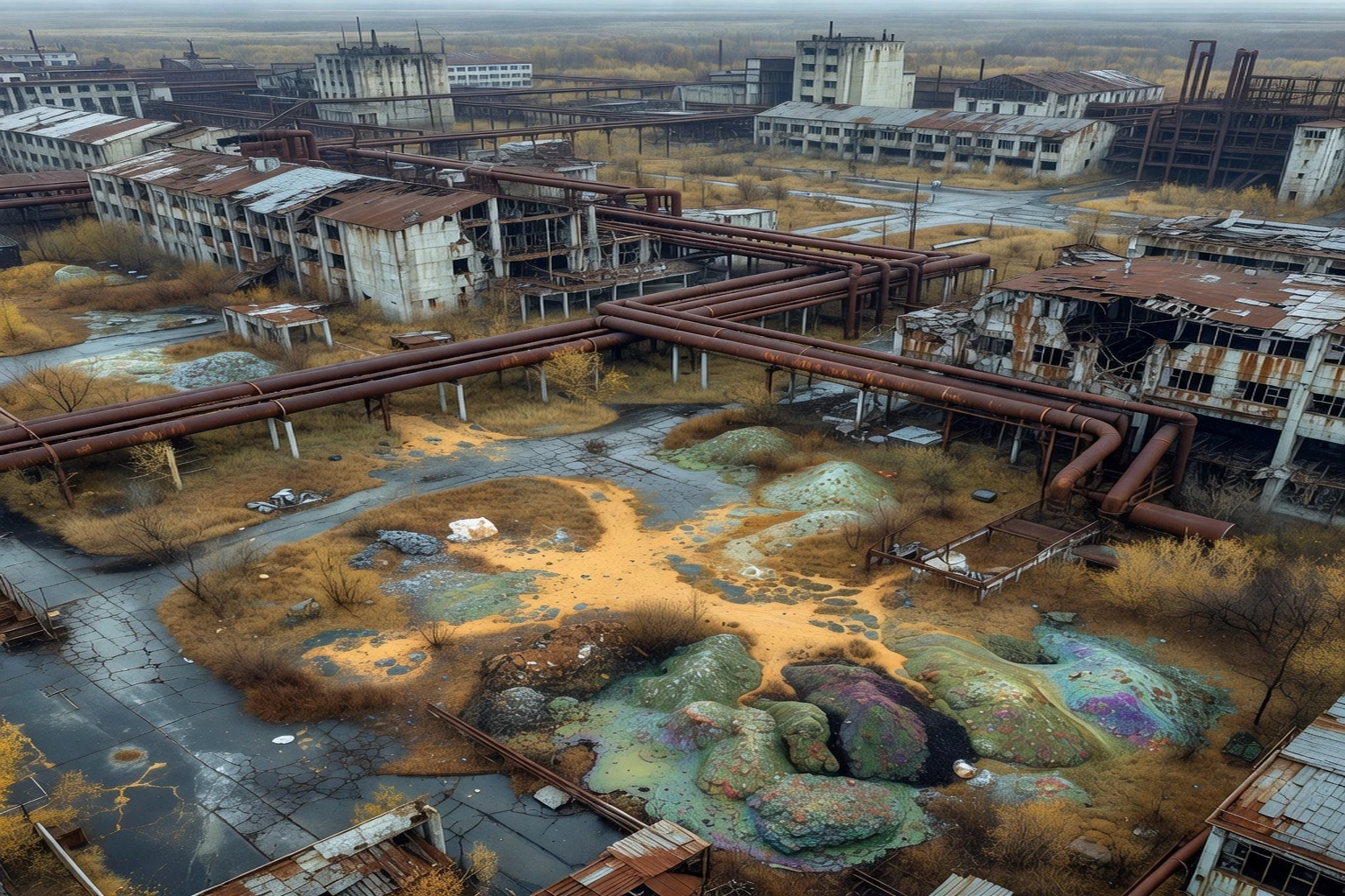Paysage post-industriel peint : usine chimique abandonnée, cheminées désaffectées et nature qui reprend ses droits, palette grise et ocre