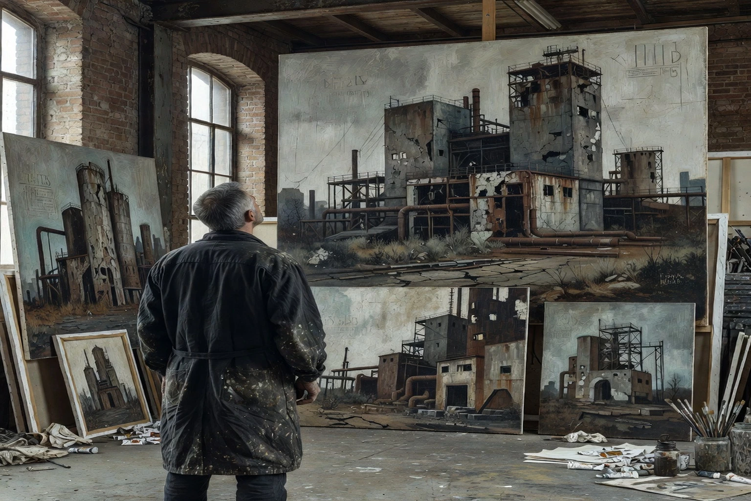 Peintre russe contemporain dans un atelier londonien devant des toiles représentant des paysages industriels en ruine, lumière crue