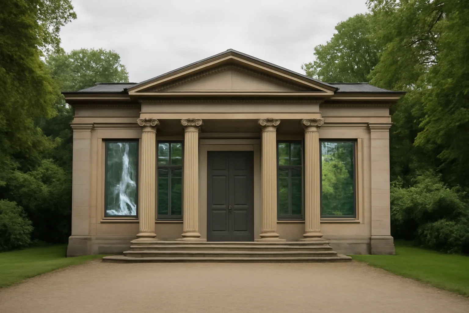 Façade néoclassique d'un pavillon aux portes closes, avec des écrans vidéo installés derrière les fenêtres